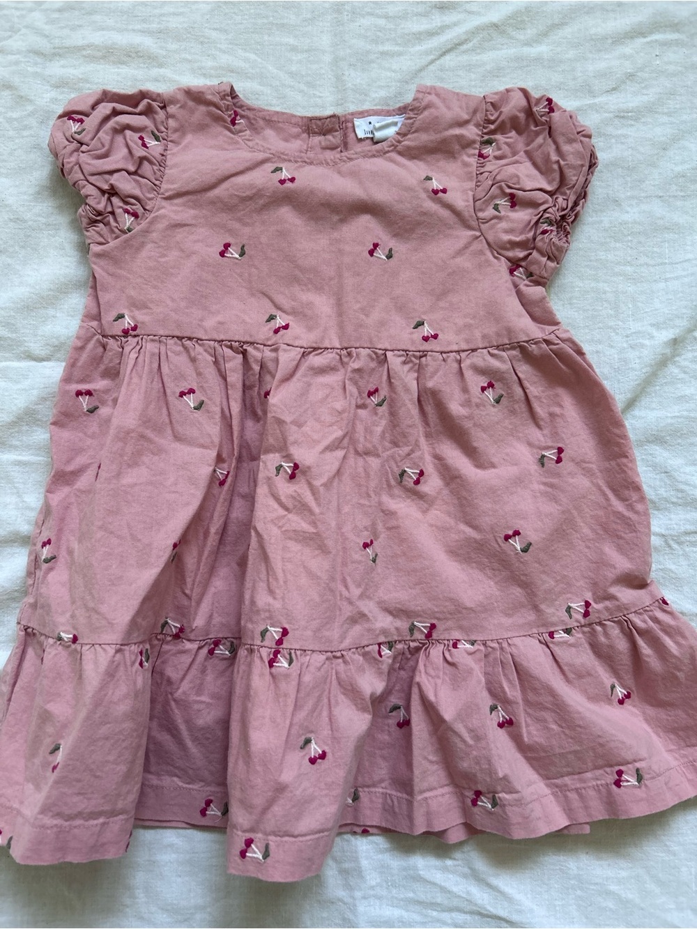 Girls Pink Cherry Tiered Cotton Dress with Puff Sleeves